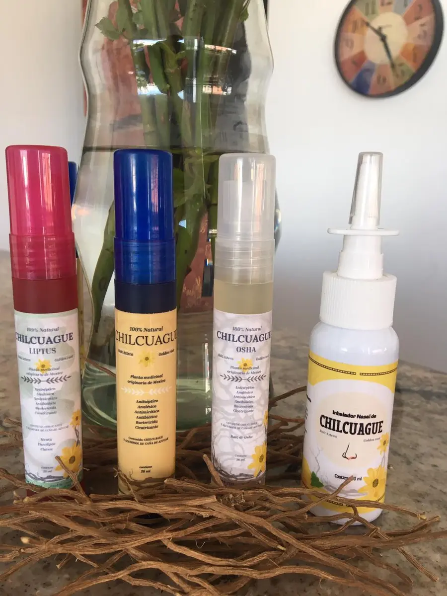 Línea de sprays e inhalador nasal de Chilcuague sobre raíces